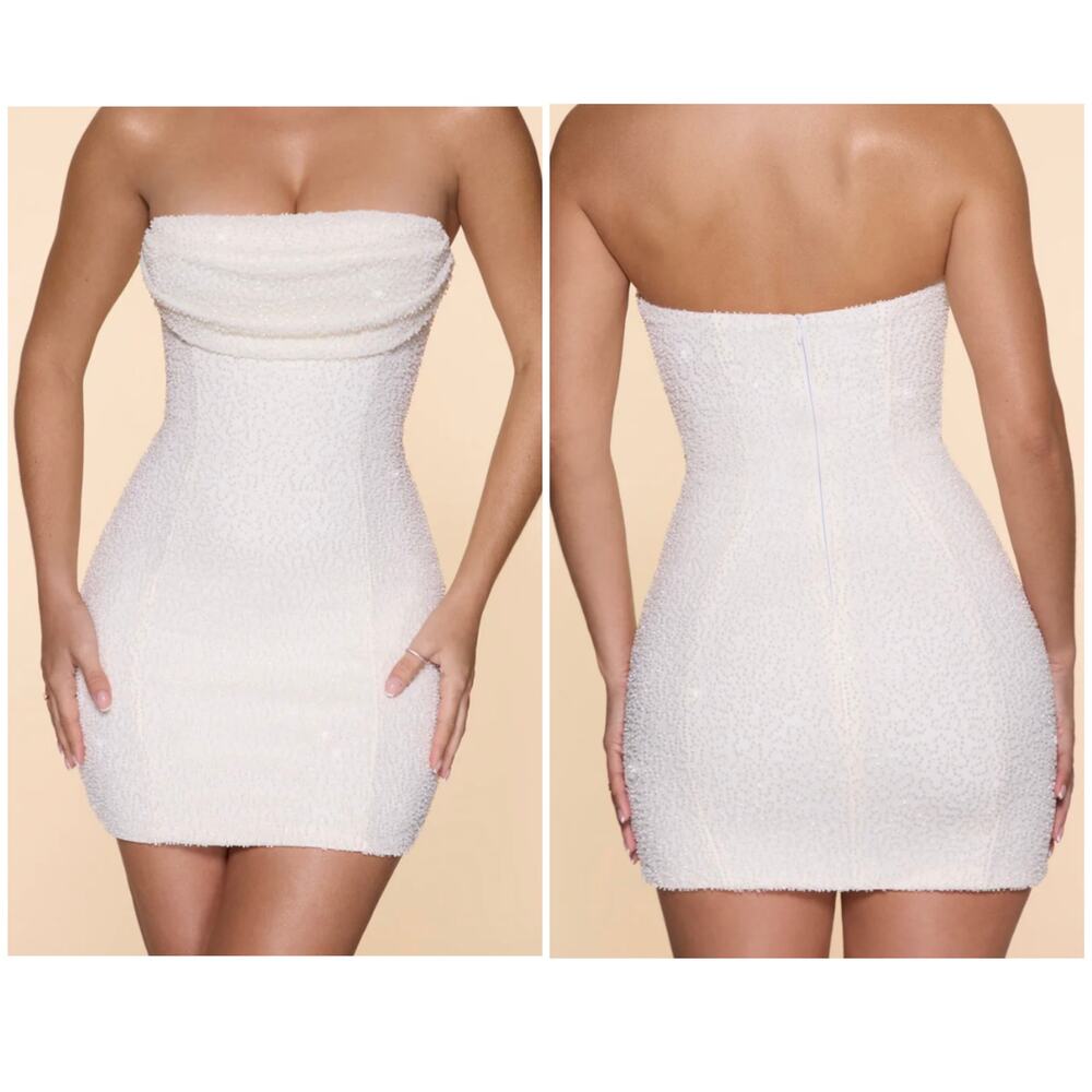 Oh Polly Basel Embellished Strapless Cowl Neck Mini Dress in Ivory size 6 Long